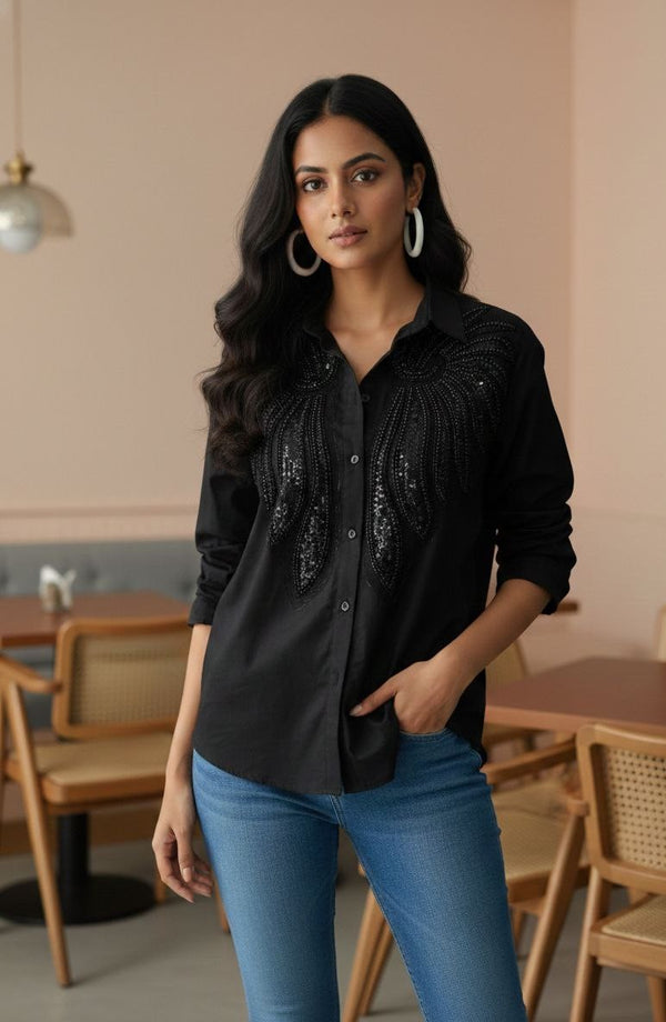 Midnight Radiance: Sequin-Embellished Black Button-Down