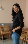 Midnight Radiance: Sequin-Embellished Black Button-Down