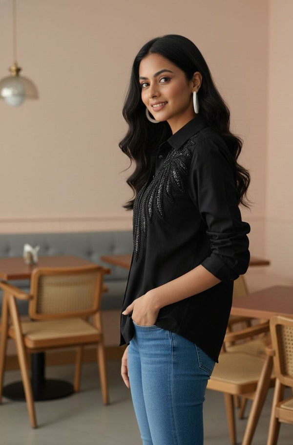 Midnight Radiance: Sequin-Embellished Black Button-Down