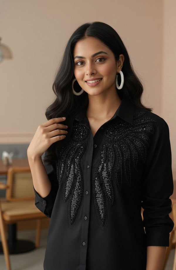 Midnight Radiance: Sequin-Embellished Black Button-Down