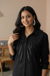 Midnight Radiance: Sequin-Embellished Black Button-Down